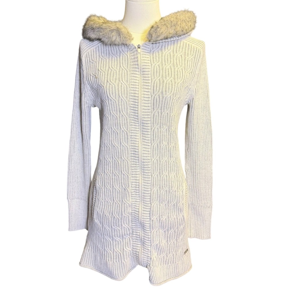 Eddie Bauer Sweater Coat Women Medium Gray Good Cable Knit Faux Fur Hood Zip